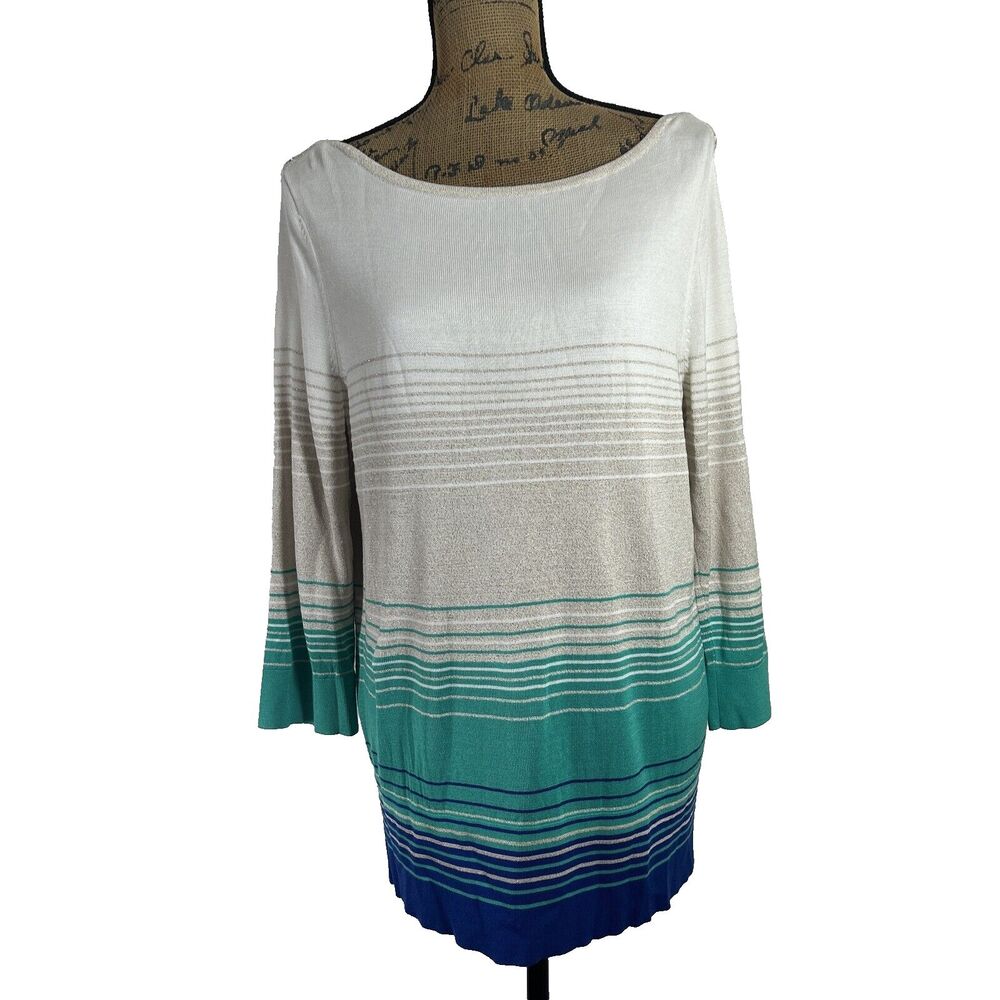 White House Black Market Sweater XL Cream Green Blue Gold Metallic Button